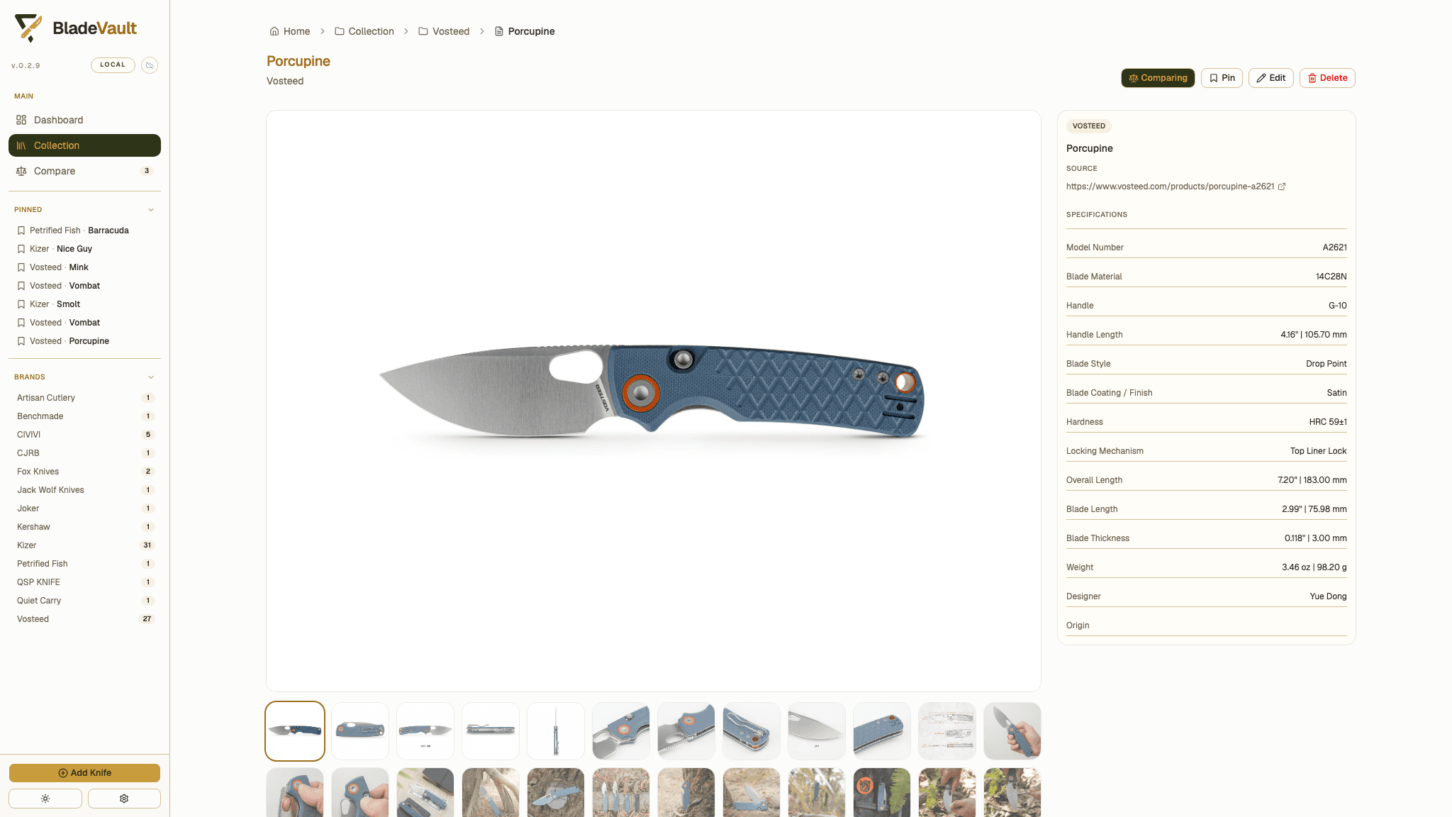 BladeVault knife detail screenshot